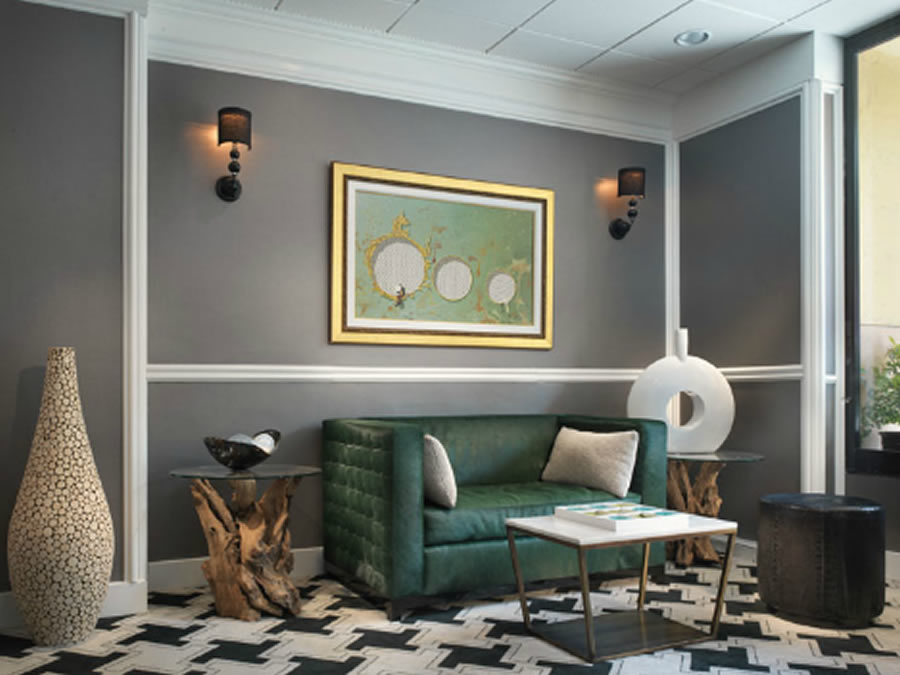 Grey Classic Contemporary Interior Design Reading Space Green Sofa