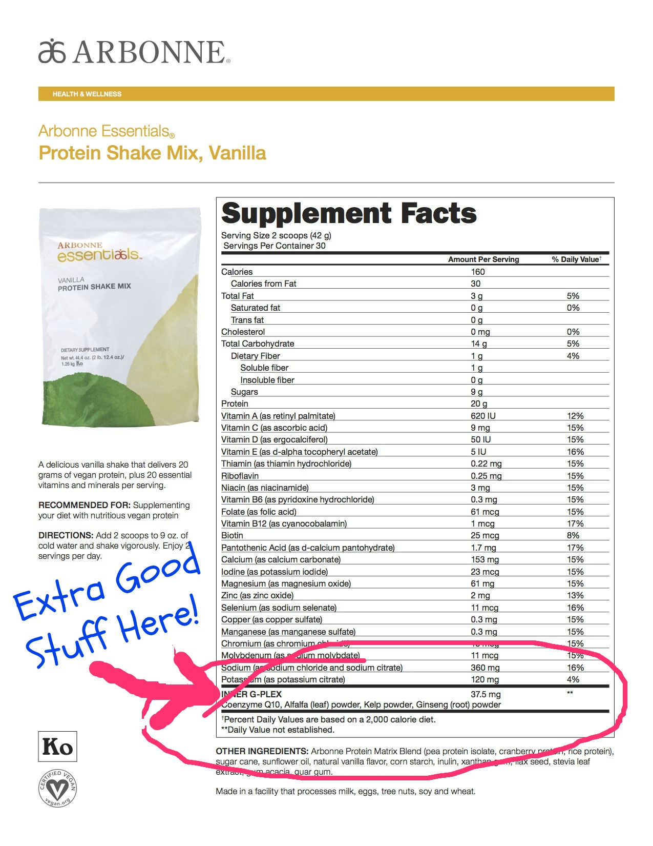 Arbonne Vanilla Protein Powder Product Knowledge Sheet