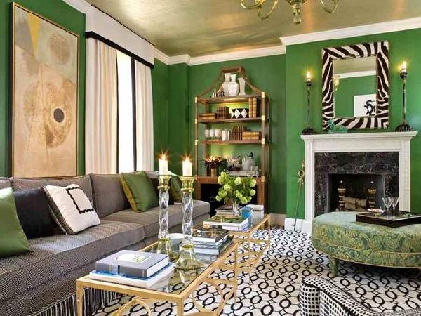 green living room with gold ceiling